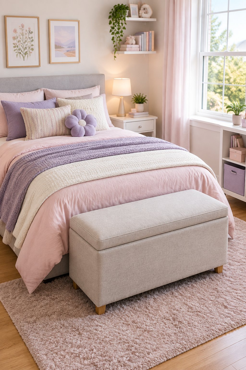 A small, pastel-colored teen girl's bedroom with a storage ottoman placed at the foot of a neatly made bed.