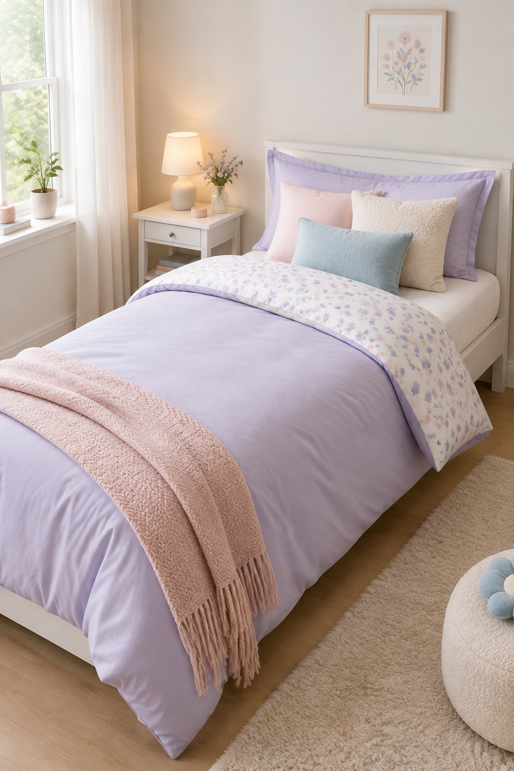 A small bedroom with a neatly made bed featuring soft pastel reversible bedding and coordinated decor.