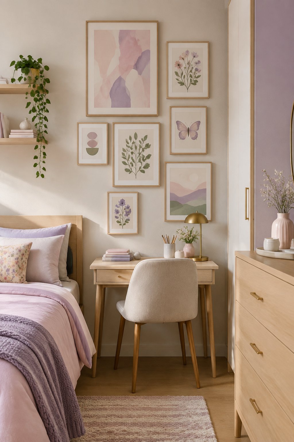 A small teenage girl's bedroom with a vertical gallery wall of colorful framed artwork above a compact desk.