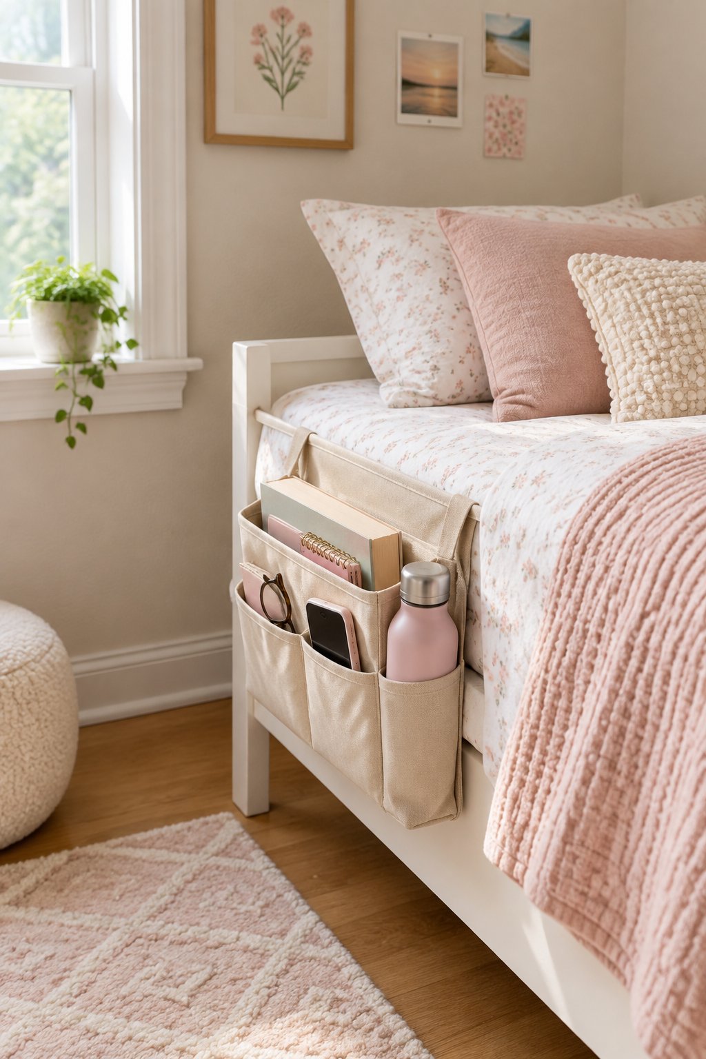 A tidy teen girl's bedroom with a storage caddy hanging beside the bed in place of a nightstand.