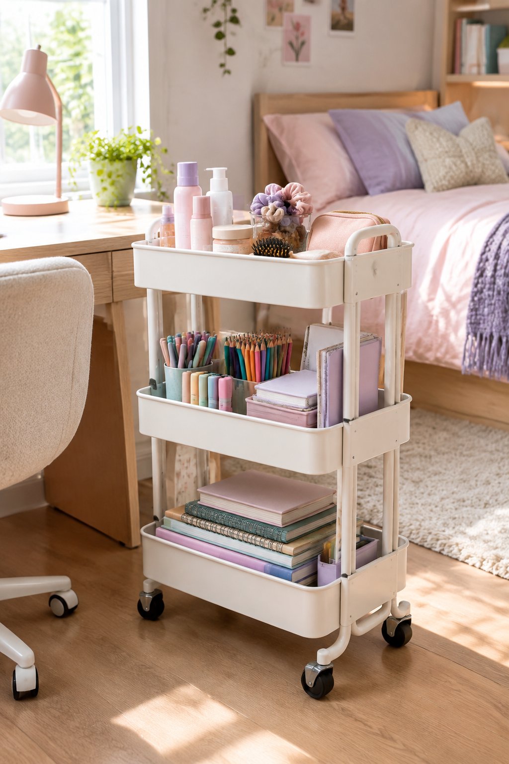 A three-tier rolling cart holding beauty and school supplies beside a desk in a tidy teen girl's bedroom.
