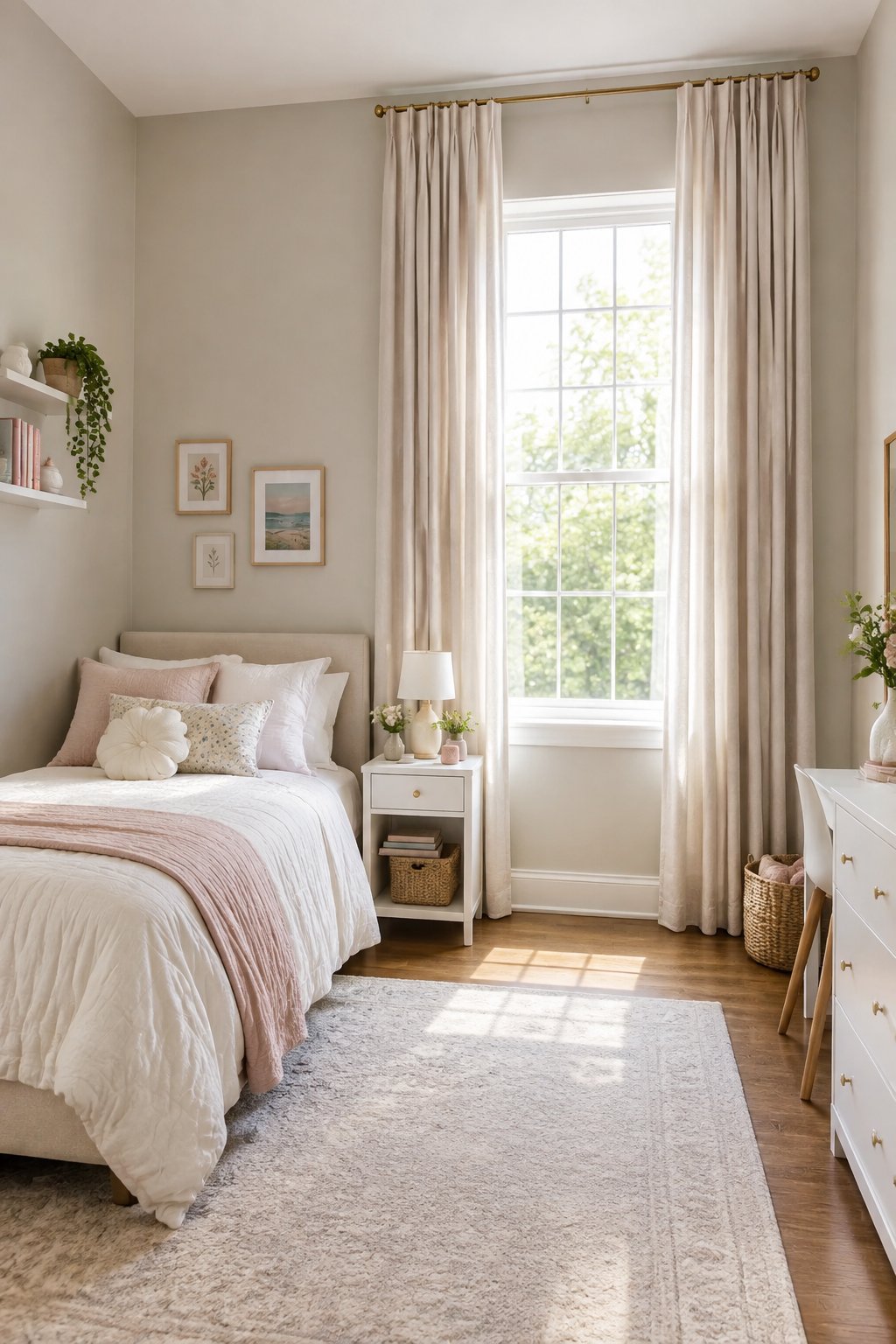 A small teen girl's bedroom with floor-length curtains hanging from rods mounted close to the ceiling.