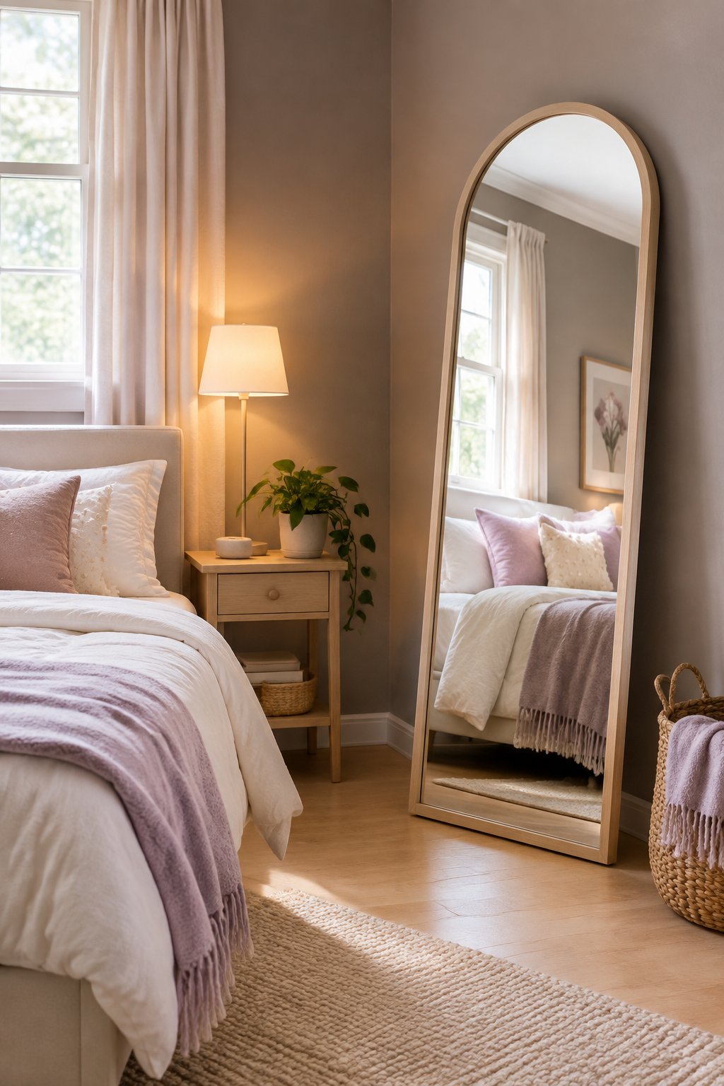 A slim arched floor mirror brightens a decorated corner of a small teenage girl's bedroom.
