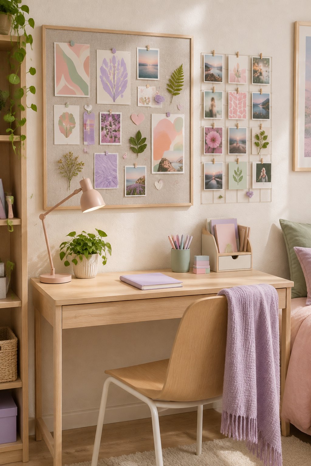 A tidy teen girl's desk beneath a pinboard and small photo grid.