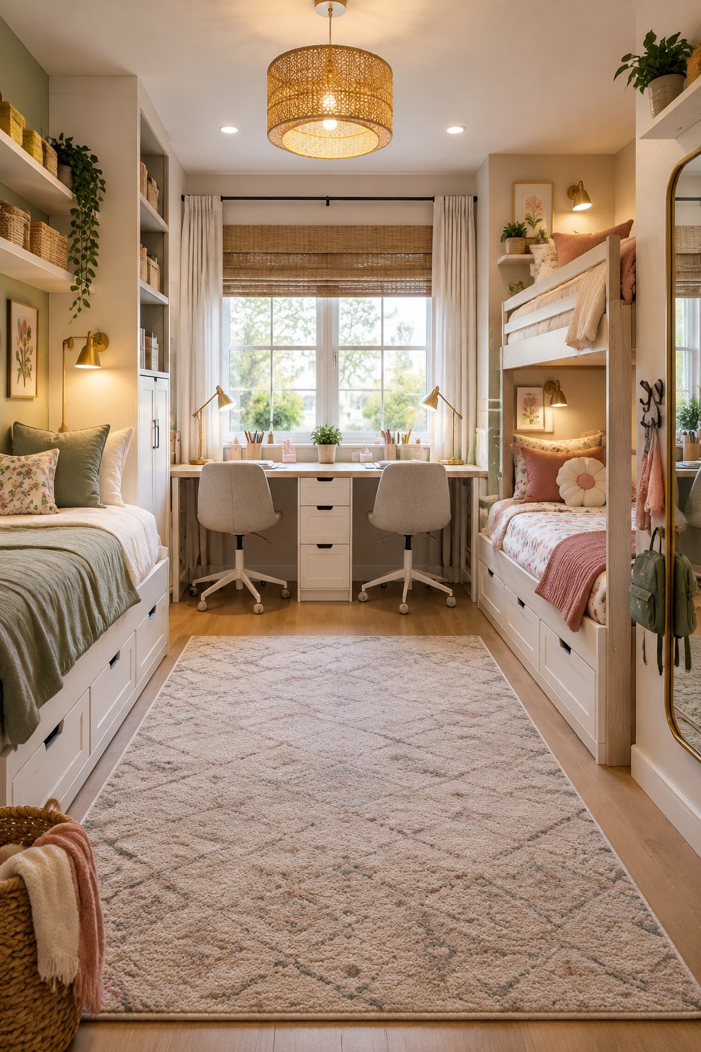 A bright, organized shared bedroom with two personalized sleeping spaces, a study desk, and space-saving storage.