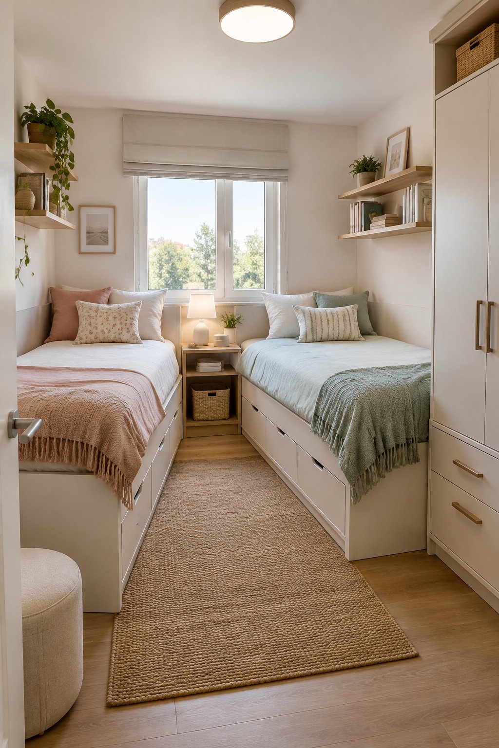 A small shared bedroom with two twin beds arranged at right angles and a nightstand between them.