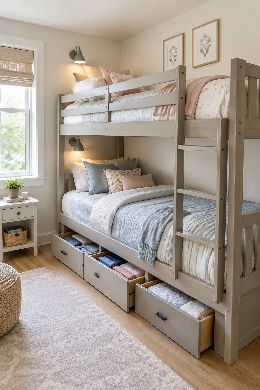 A small shared bedroom with a twin-over-twin bunk bed and built-in drawers beneath the lower bunk.