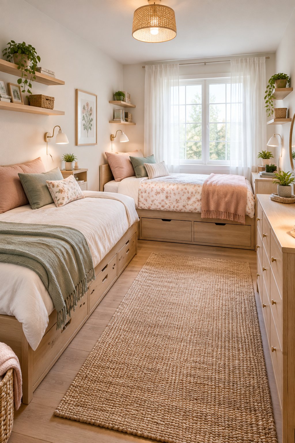 A bright compact bedroom with two twin beds arranged in an L shape in opposite corners.