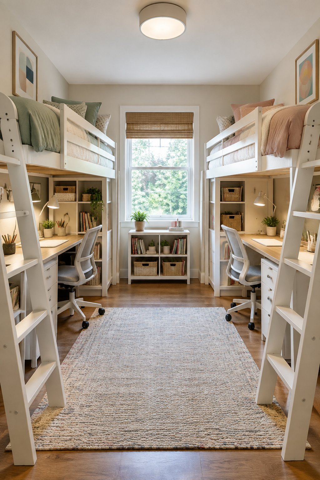 A compact shared bedroom with two matching loft beds and study desks underneath.