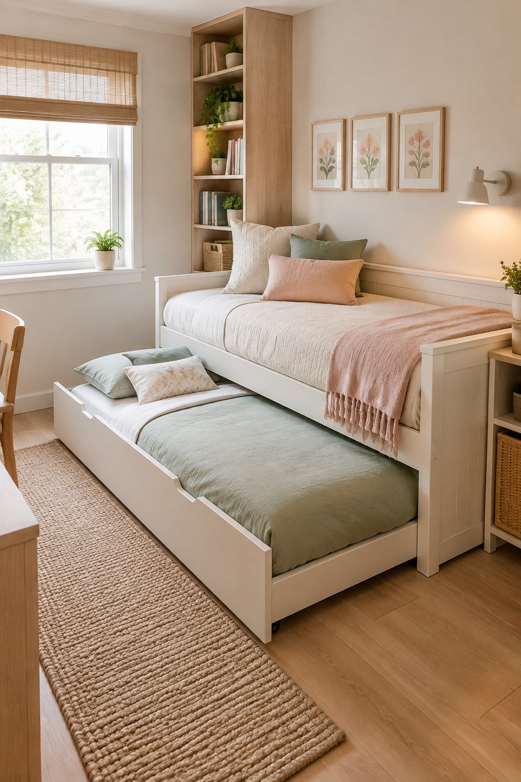 A small shared bedroom with a daybed and a pull-out trundle bed arranged as two sleeping spaces.