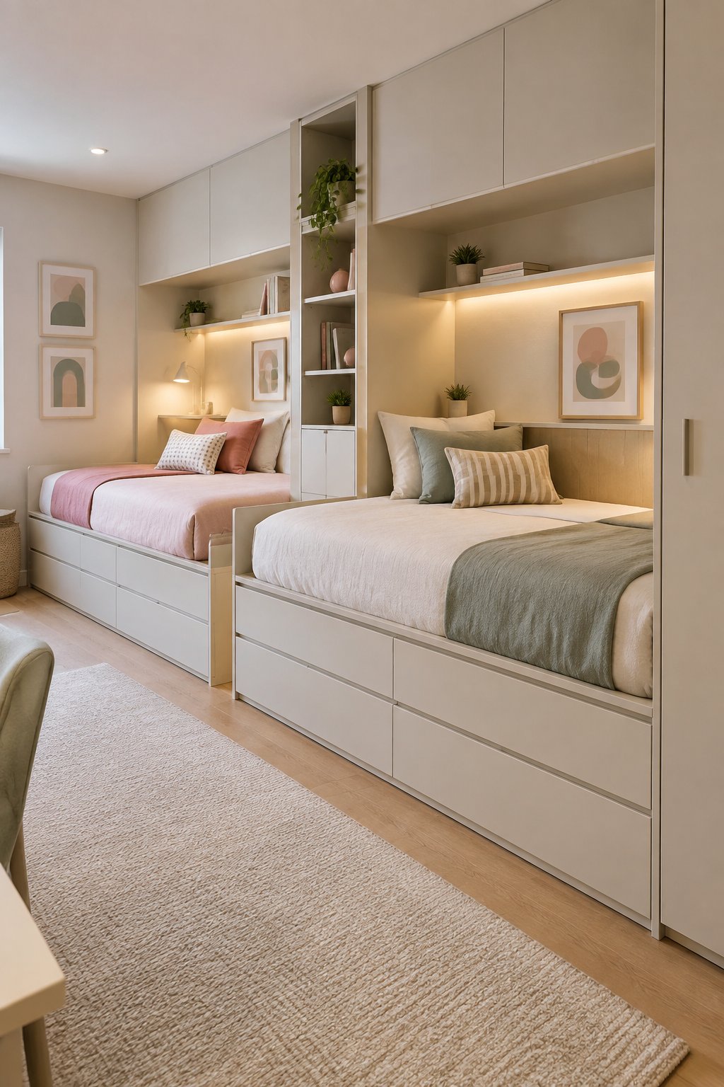 A compact shared bedroom with two built-in twin beds and storage drawers underneath.