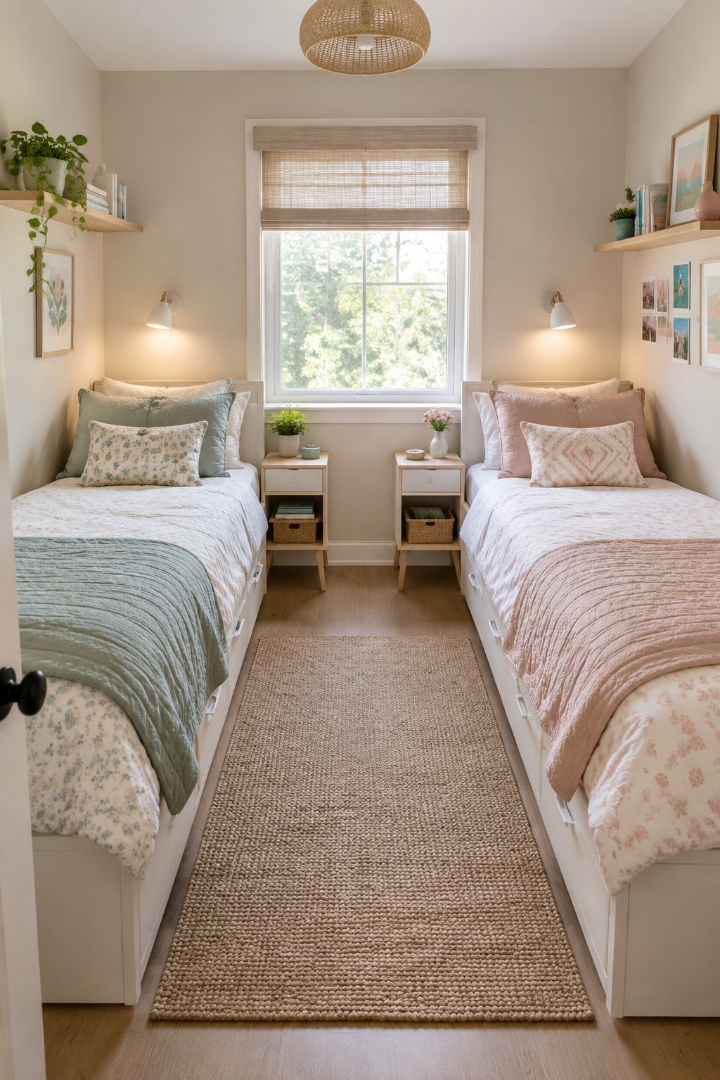Small shared bedroom with two parallel twin beds and a narrow aisle between them.