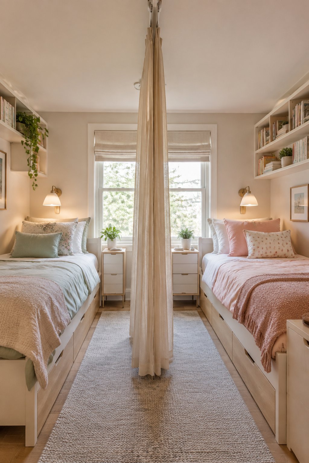 A small shared bedroom with two Twin XL beds separated by a fabric curtain divider.