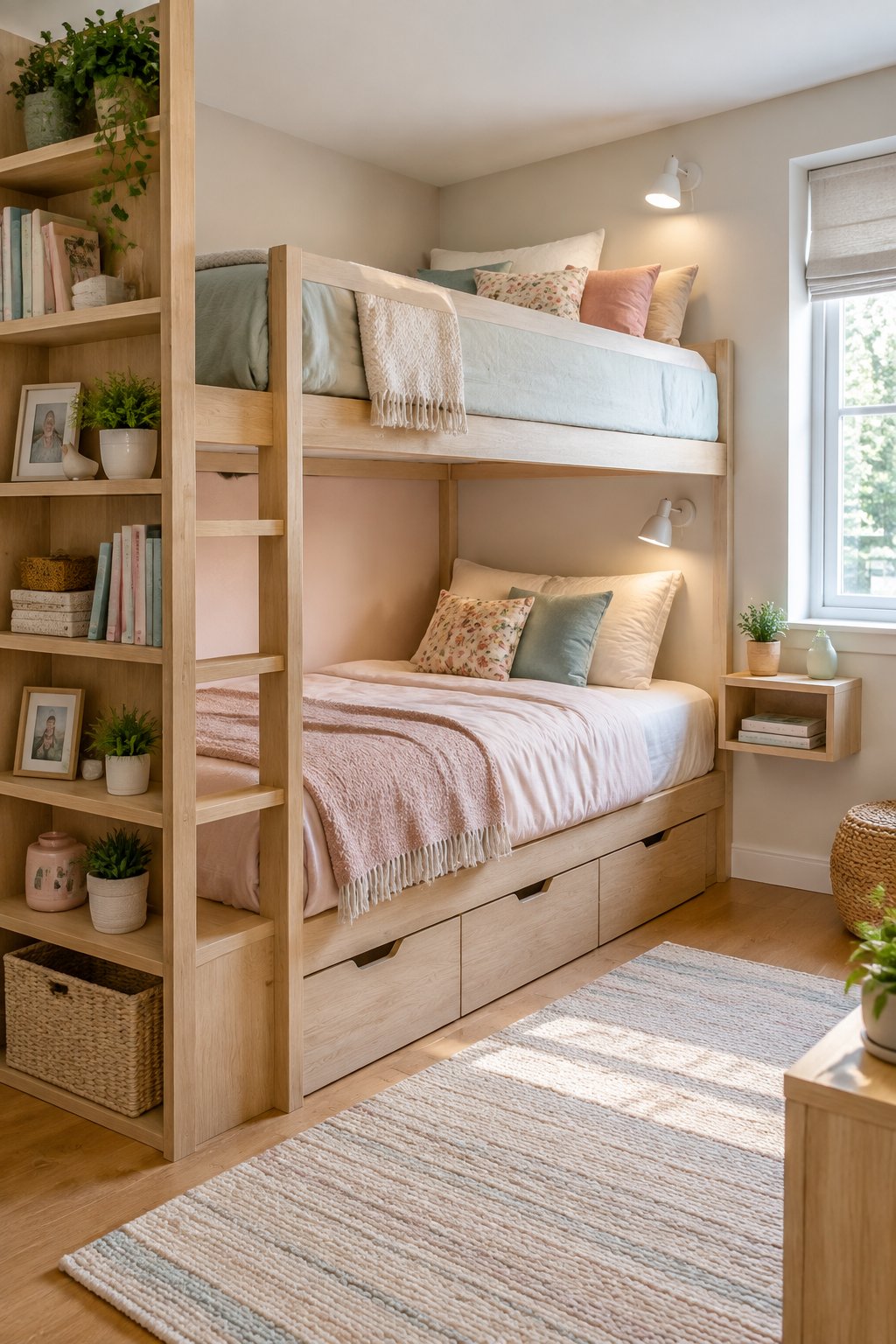 A compact shared bedroom with a corner bunk bed and an integrated bookcase.