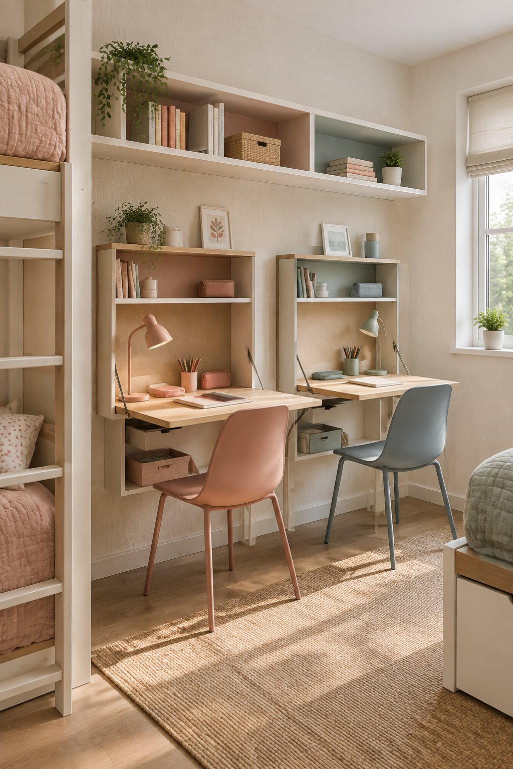 A small shared bedroom with two matching wall-mounted desks folded down as side-by-side study stations.