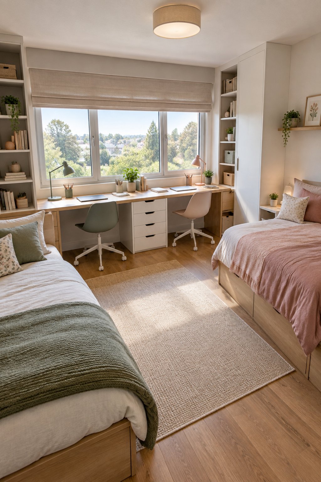 A small shared bedroom with two beds and a long desk beneath a bright window.