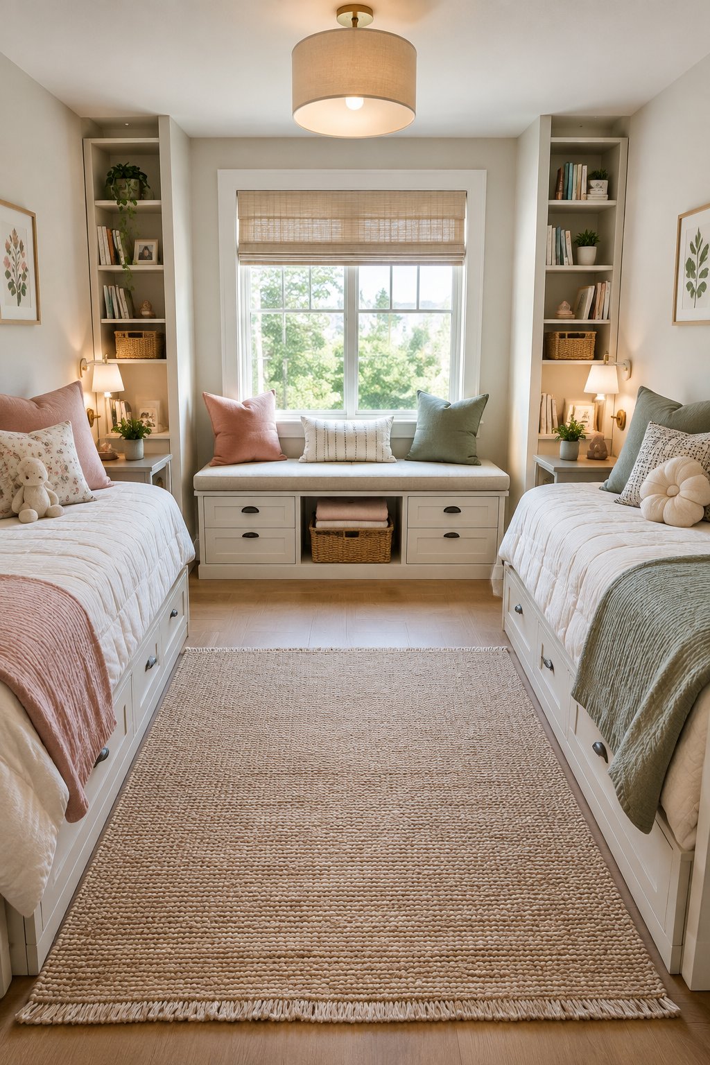A shared bedroom with two twin beds and a storage bench positioned between them.