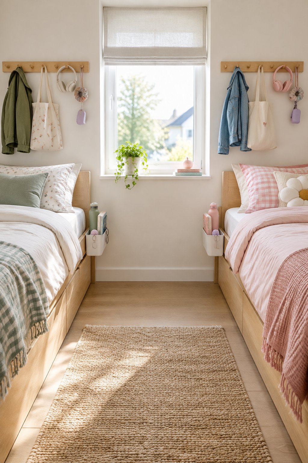 A compact shared bedroom with two beds, individual wall-mounted peg rails, and bedside caddies.