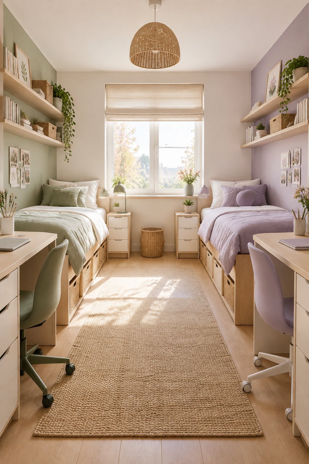 A small shared bedroom with two coordinated but individually accented spaces for teenage sisters.