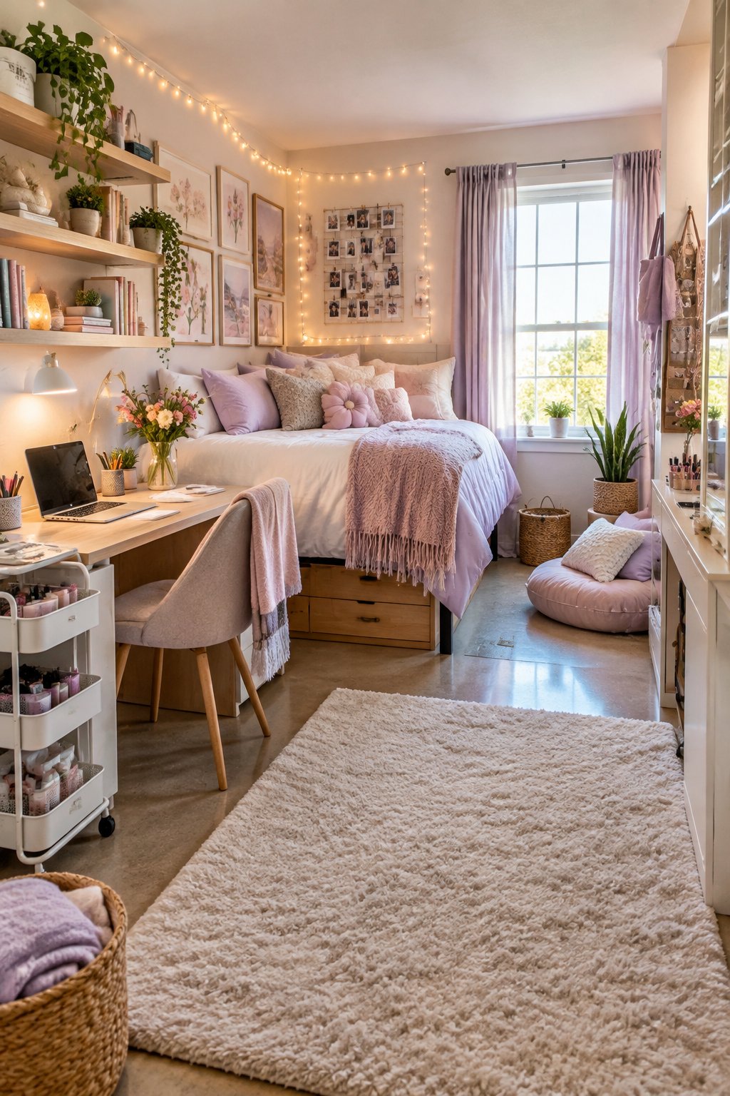 A cozy pastel-colored college dorm room with a decorated bed, study desk, shelves, plants, string lights, and organized storage.
