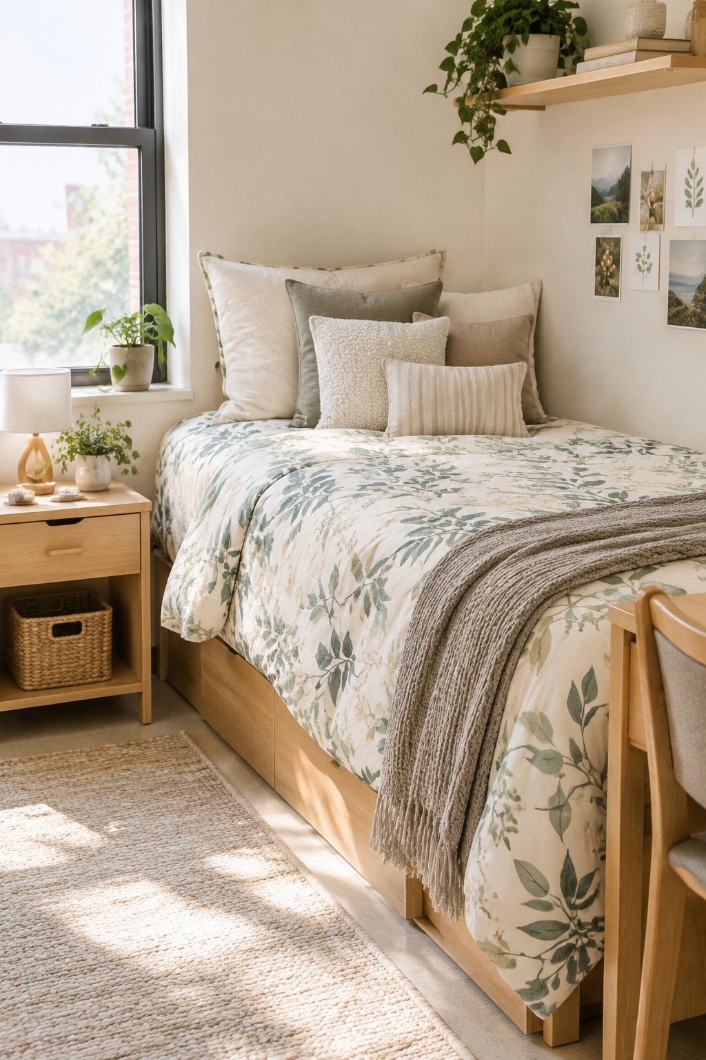 A cozy dorm room with a botanical Twin XL bedspread and layered neutral pillows.