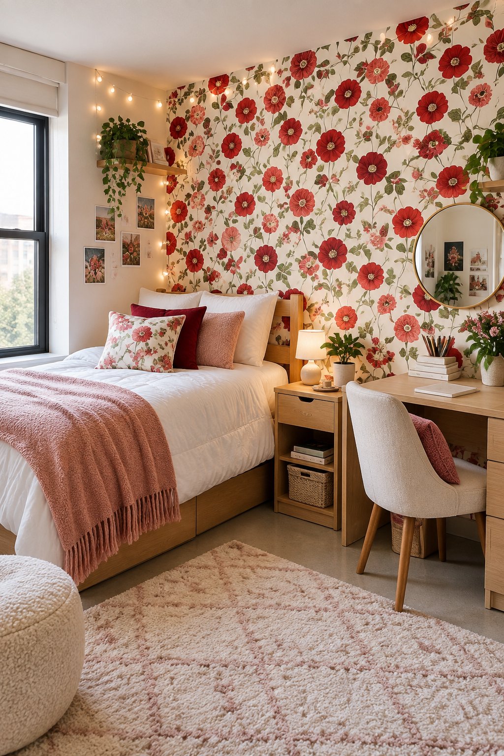 A cozy college dorm room with a red floral wallpaper accent wall, a neatly made bed, and warm decorative furnishings.