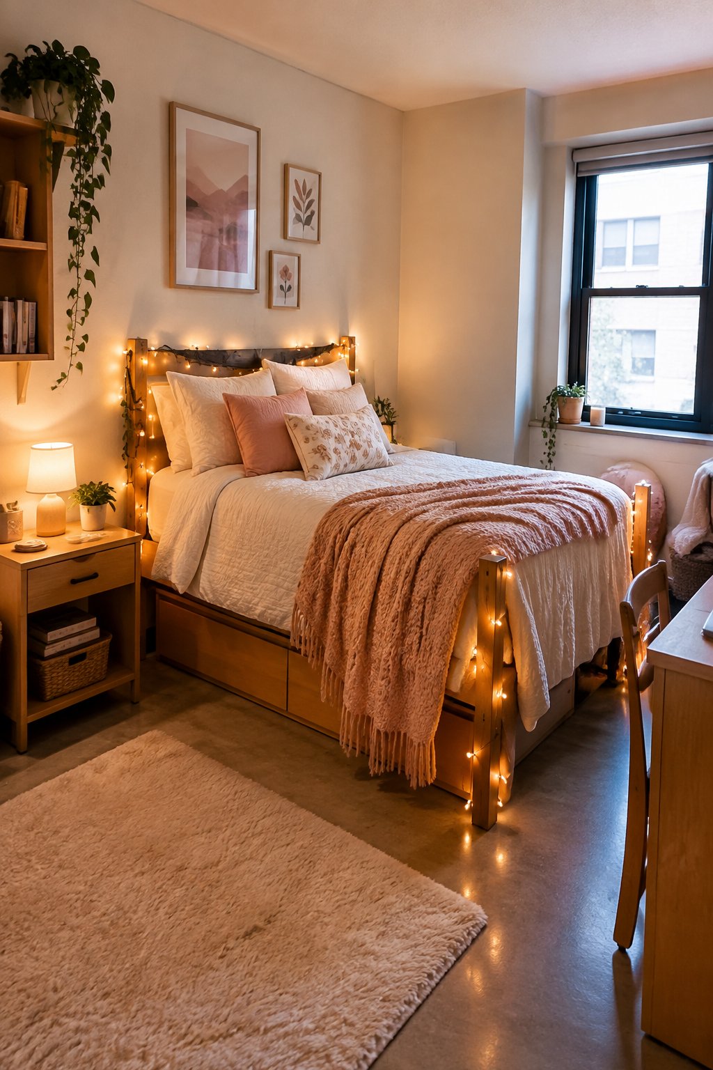 A cozy dorm room with warm black curtain lights glowing around a neatly made bed.