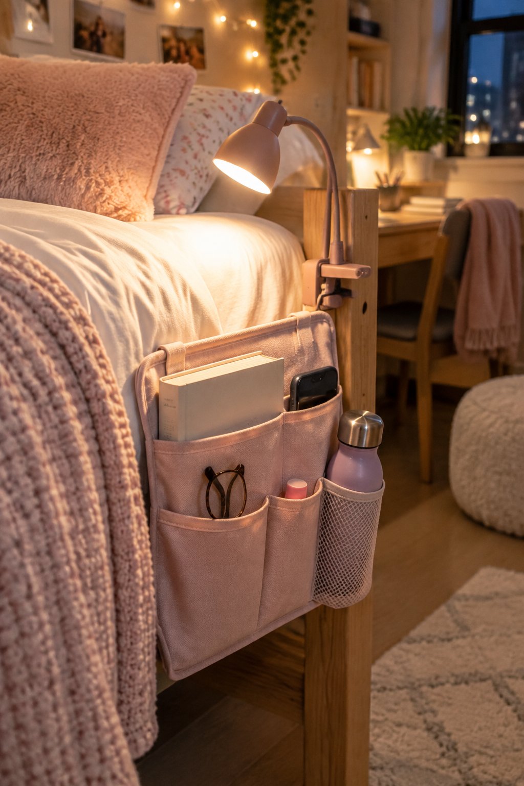 A pink bedside caddy with a clip-on reading light hangs beside a neatly made bed in a cozy dorm room.