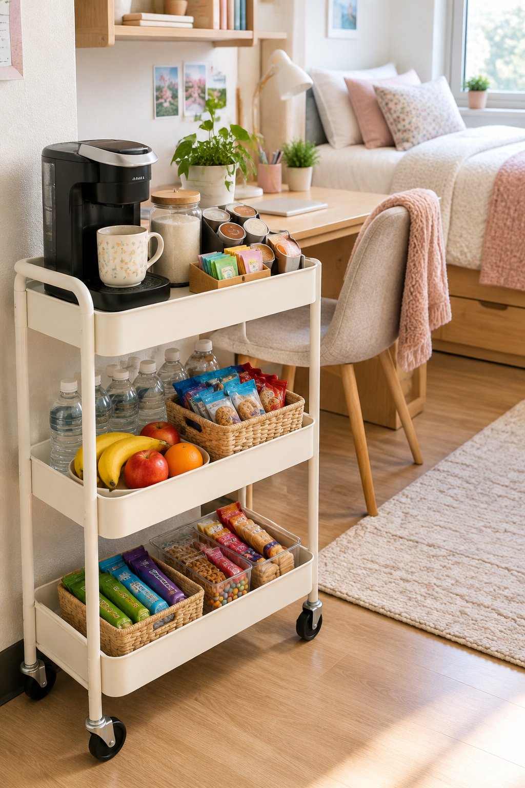 A three-tier rolling cart serves as a coffee and snack station in a cozy dorm room.