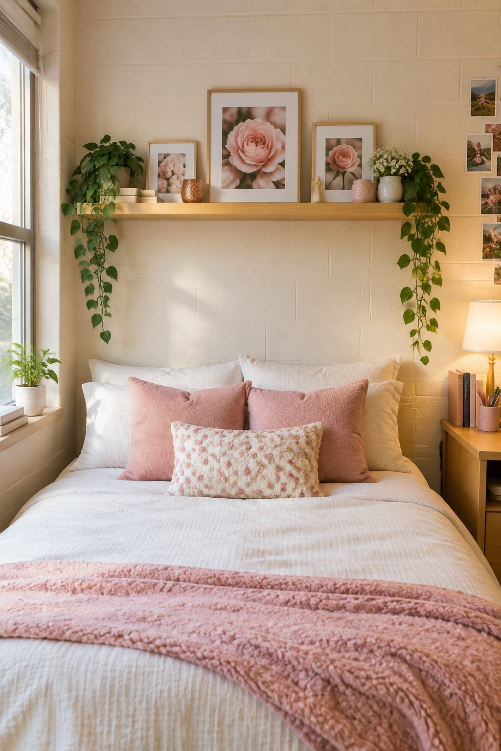 A cozy dorm bed beneath a shelf decorated with framed rose photos and trailing faux vines.