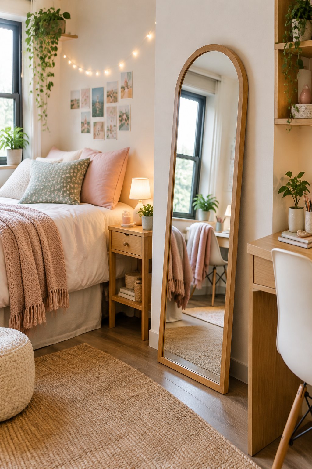 A cozy college dorm room with a full-length arched wooden mirror beside a neatly made bed and warm decorative accents.