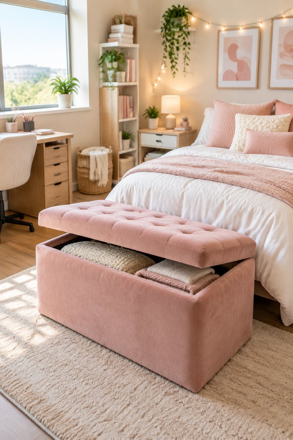 A cozy dorm room with a pink velvet ottoman open to reveal folded blankets.