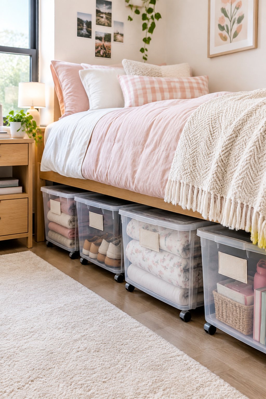 Clear rolling storage bins with fabric labels neatly arranged beneath a made dorm room bed.