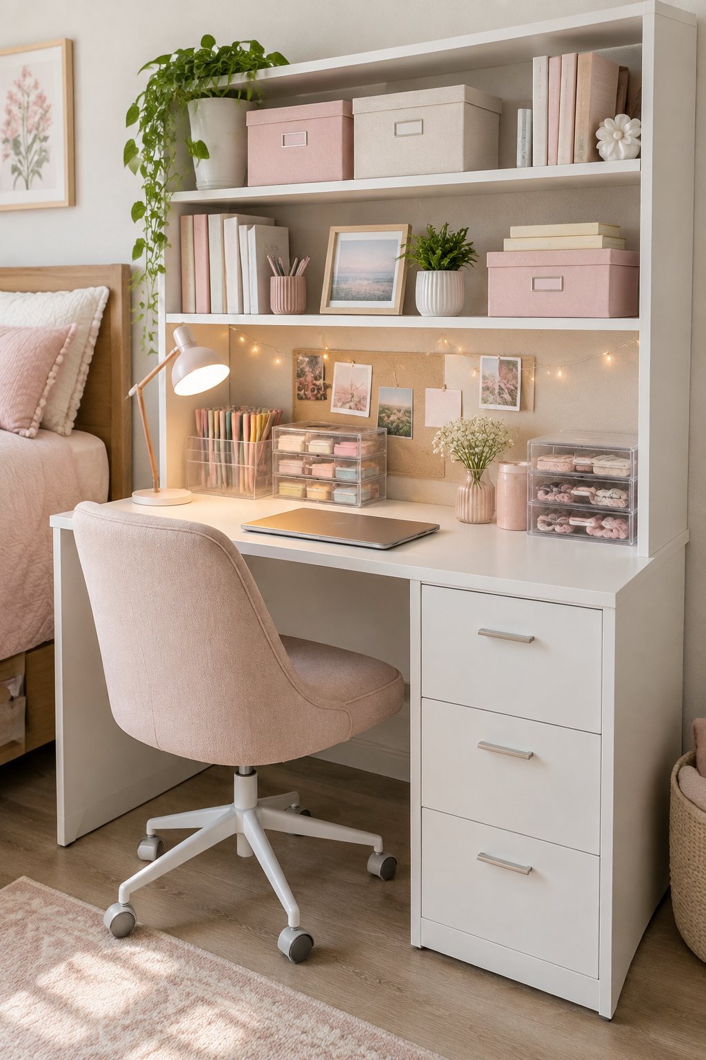A tidy pastel dorm room desk with a matching hutch and clear acrylic organizers filled with study supplies.