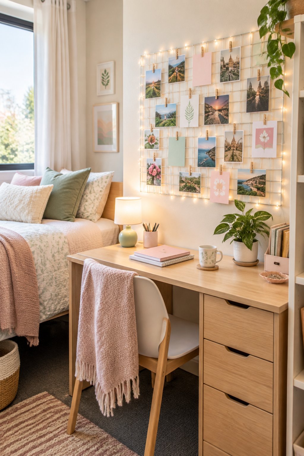 A cozy dorm room with a photo grid wall decorated with pictures and mini clothespins above a tidy desk.