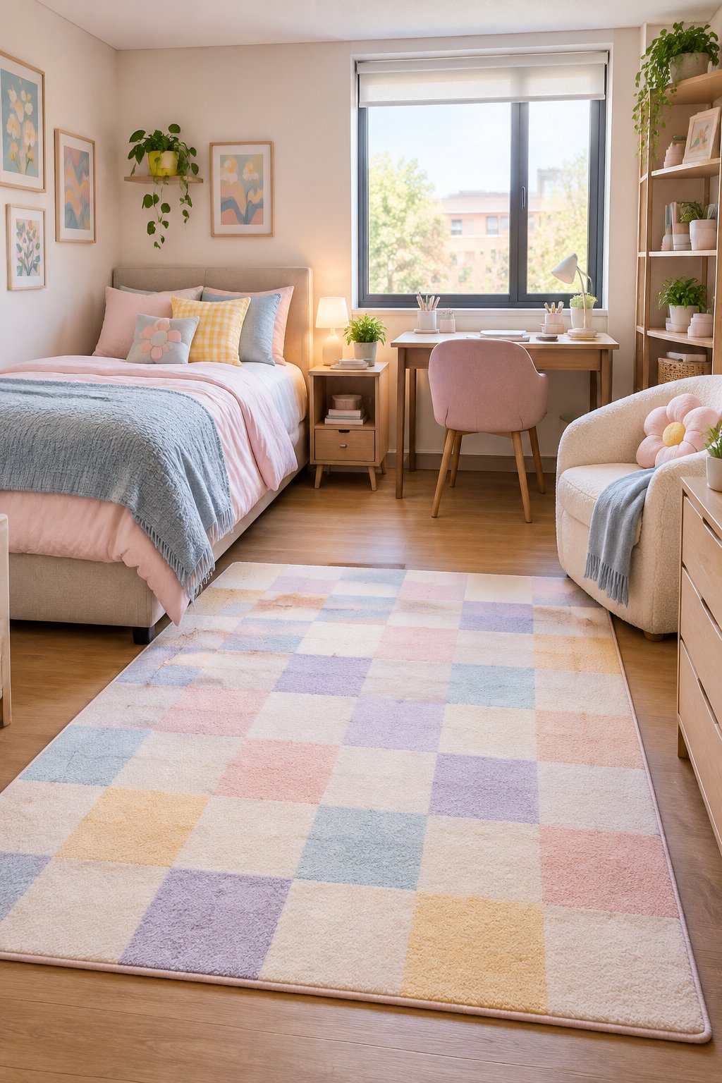 A cheerful dorm room with a pastel checkerboard rug, cozy bed, desk, chair, plants, and colorful decor.