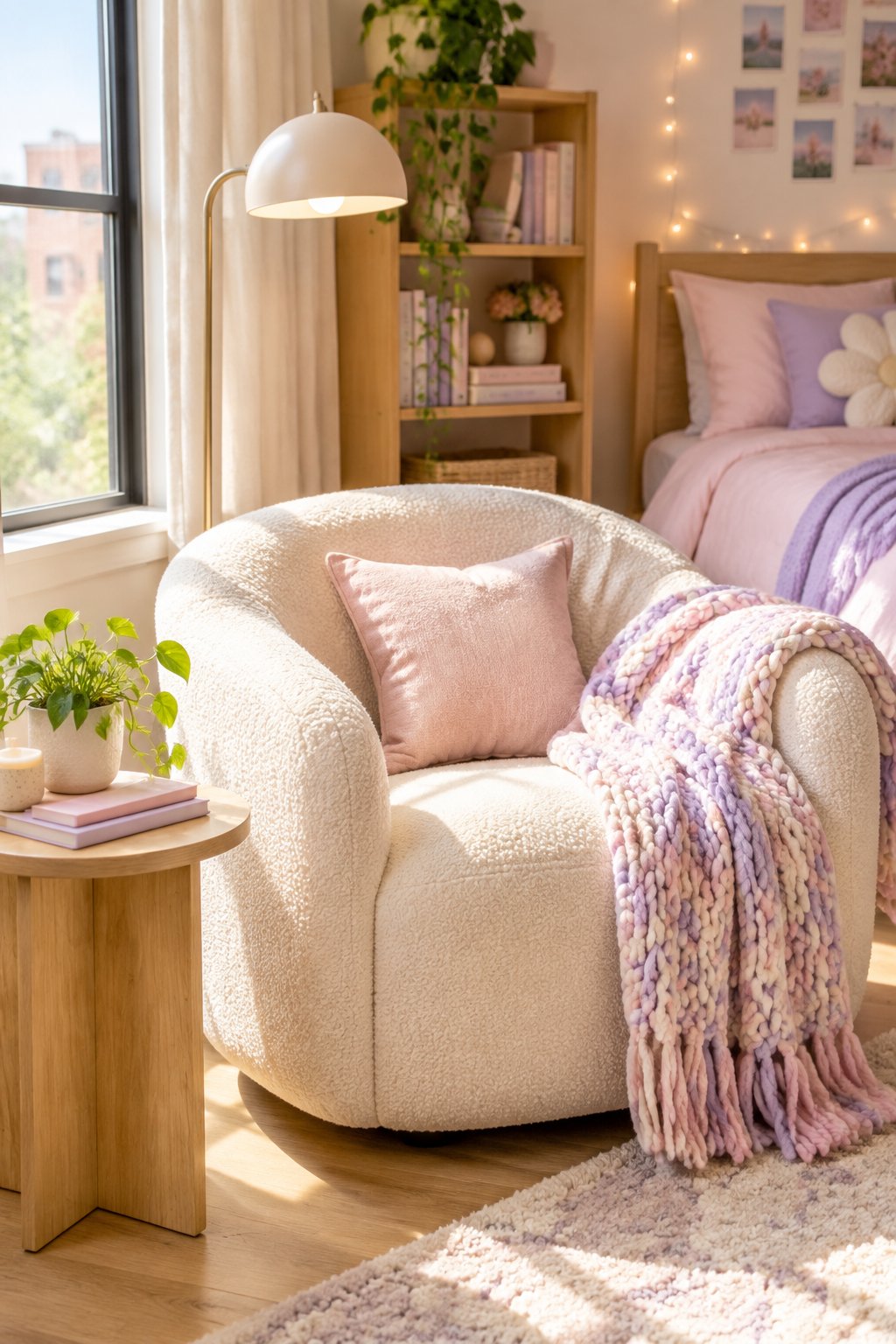 A cozy cream lounge chair with a knitted throw in a softly decorated dorm room.