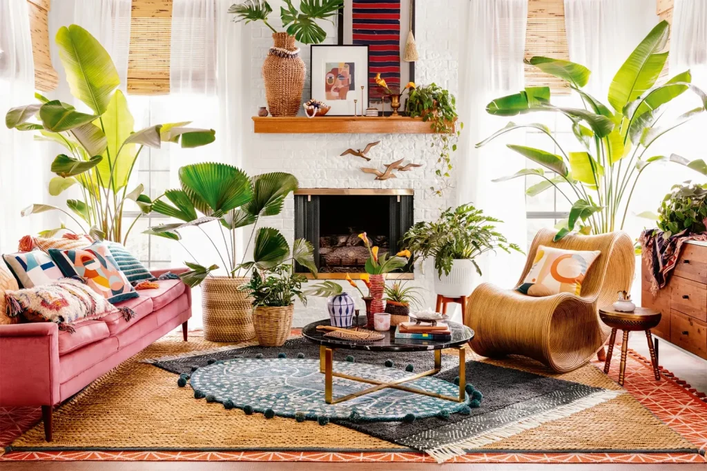 Small-living-room-filled-with-plants-and-colorful-accents