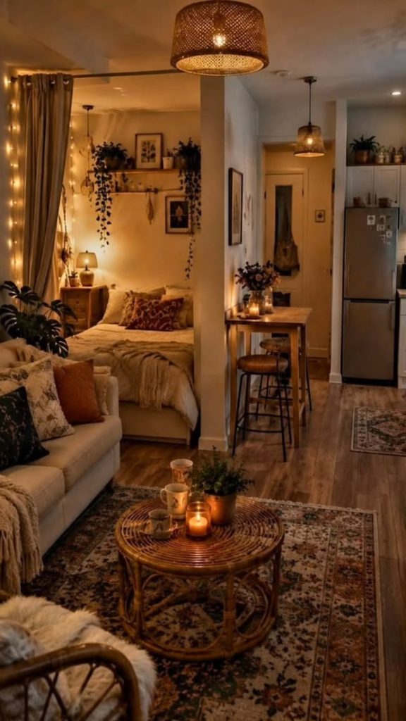 Bed Nook Behind a Curtain and String Lights