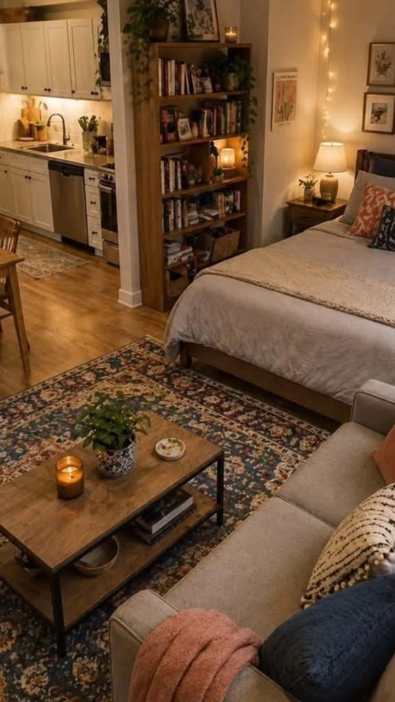 Bookcase to Separate the Bed from the Sofa in a Studio