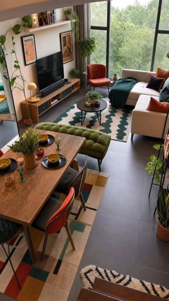 Tufted Bench to Split the Lounge from the Dining Table