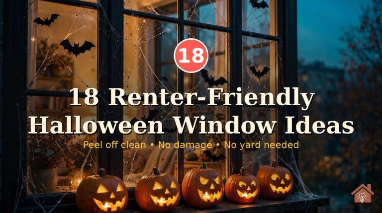 Apartment window at dusk decorated for Halloween with bat silhouettes, spiderwebs and glowing jack-o'-lanterns on the sill
