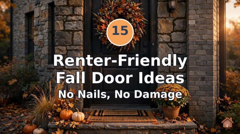 Apartment front door decorated for fall with an autumn wreath on an over-door hook, layered doormats and pumpkins on the steps