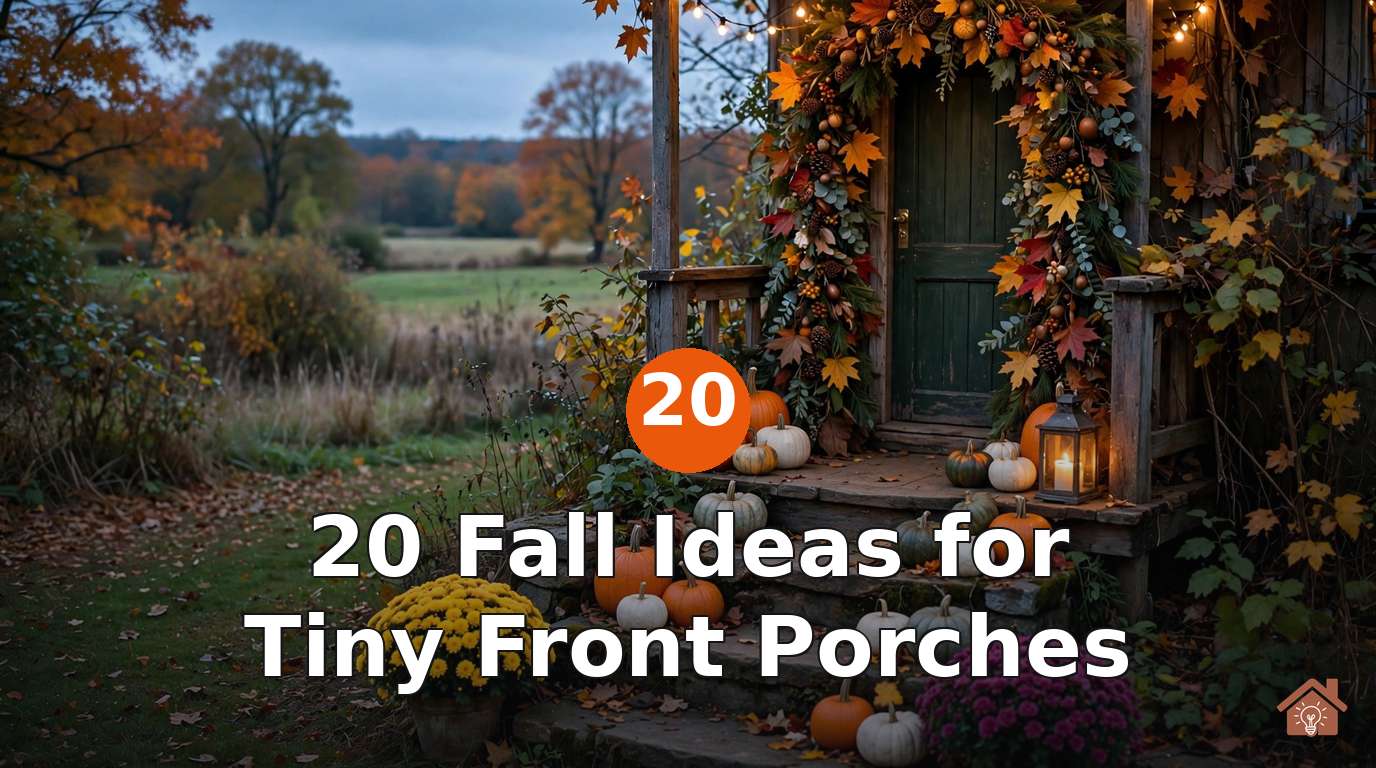 Tiny front porch decorated for fall with a garland-framed door, pumpkin clusters on the steps, potted mums and warm string lights at dusk