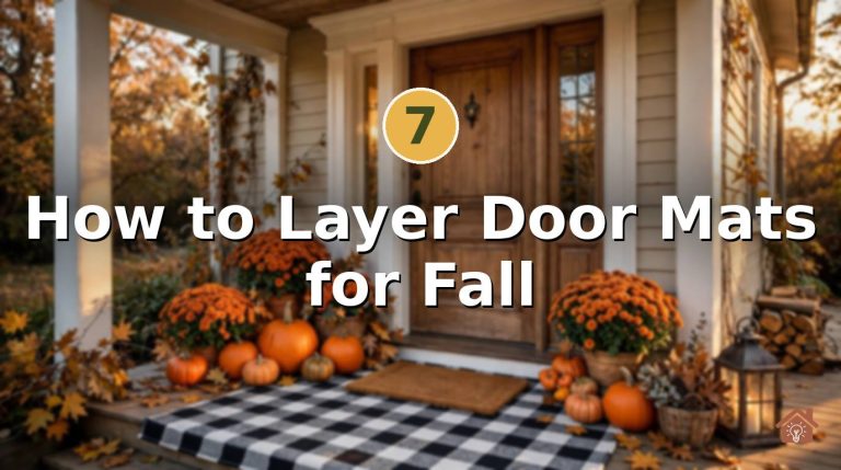 Fall front porch with layered doormats — a plaid rug under a hello fall coir mat — pumpkins and mums by the door