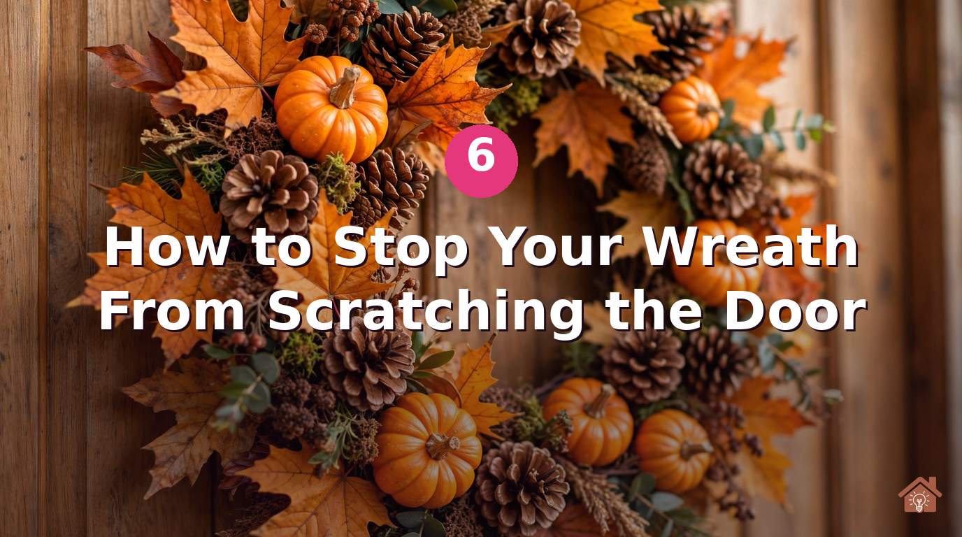 Close-up of a lush fall wreath hanging on a wooden front door with soft felt pads on its frame