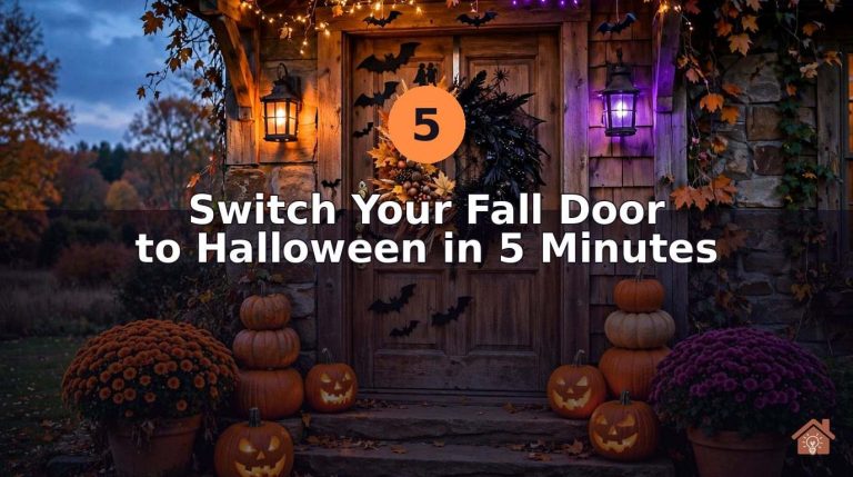 Front door at dusk transitioning from fall to Halloween with a spooky wreath, glowing jack-o'-lanterns, bats, and purple porch lighting