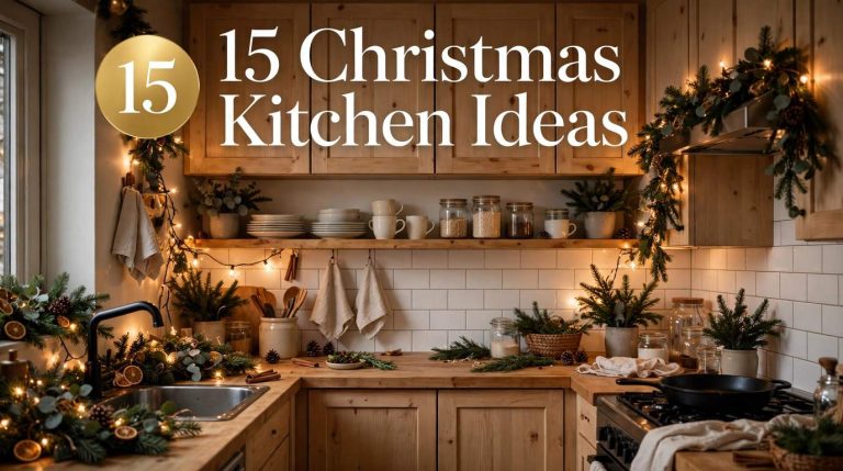 Small apartment kitchen decorated for Christmas with garland, wreath and warm lights — 15 Christmas kitchen decor ideas