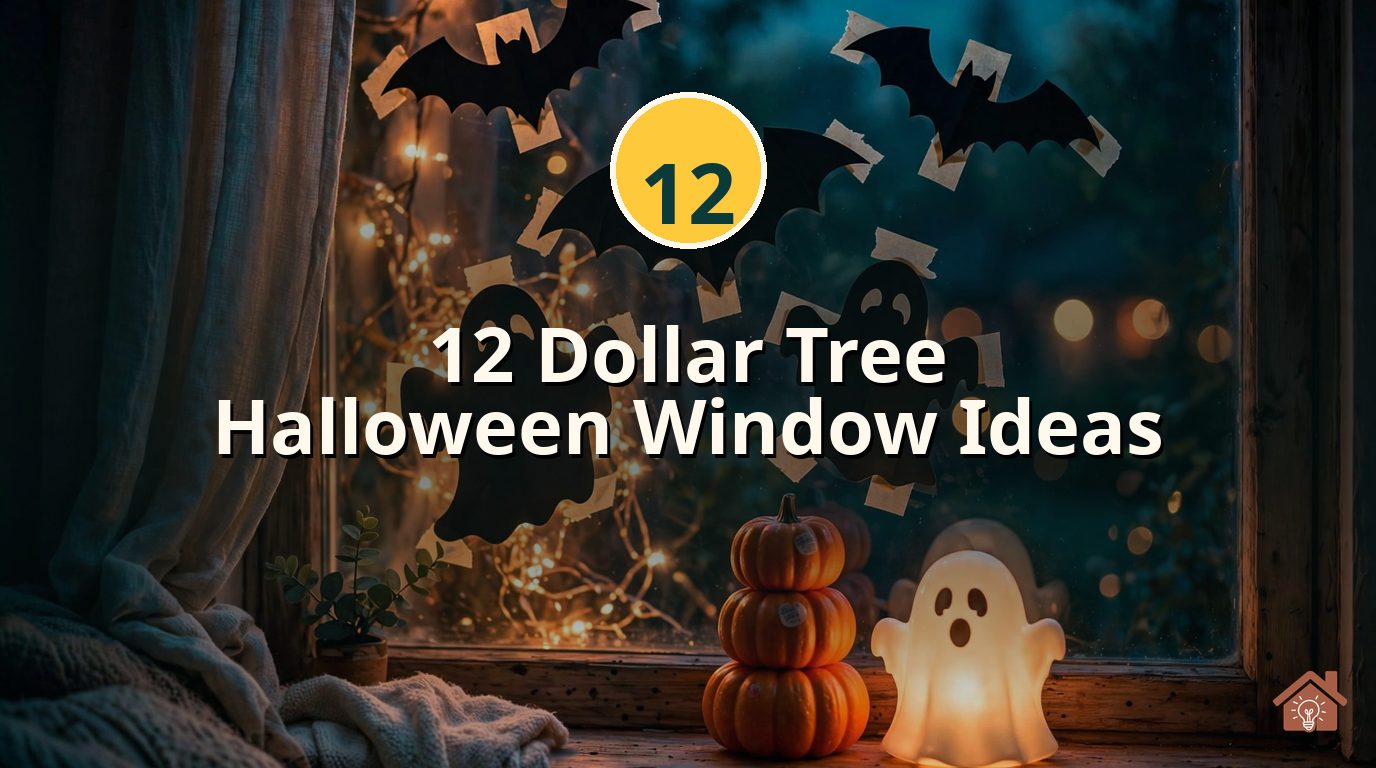 Halloween window decorated with black bat silhouettes, warm fairy lights, a pumpkin stack and a glowing ghost lamp
