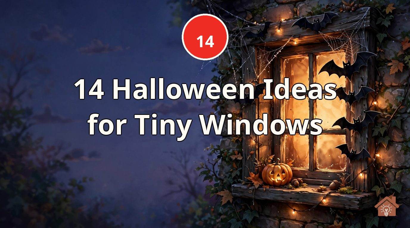 Small glowing Halloween window at dusk decorated with bat silhouettes, spiderwebs, fairy lights and a jack-o'-lantern on the sill
